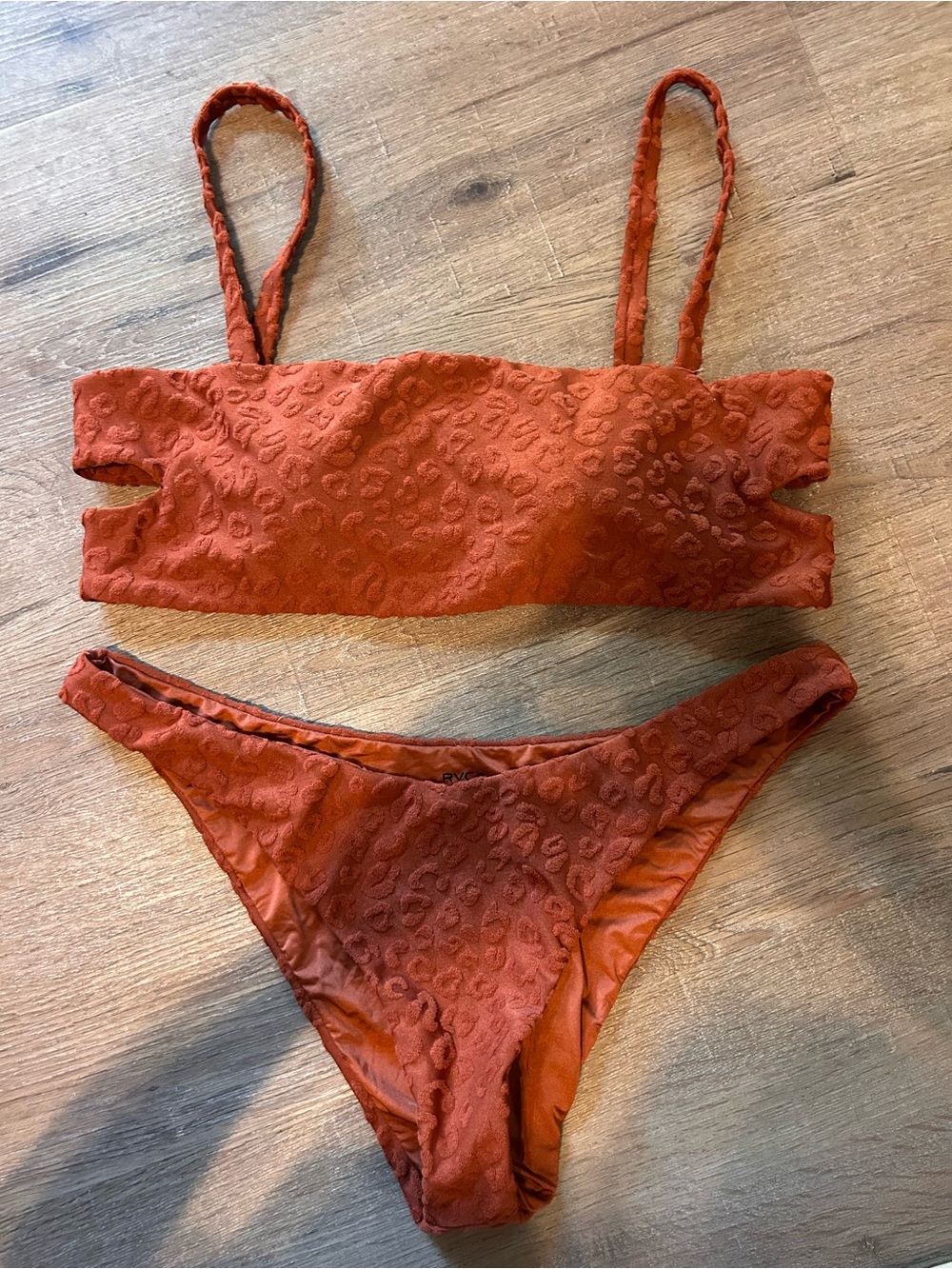 RVCA Bikini Set Womens Size M Orange Textured Leopard Bandeau 2 Piece